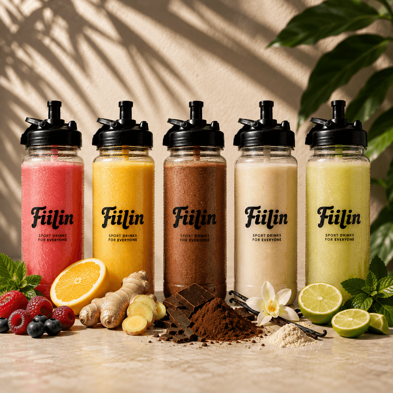 Les cinq boissons Fiilin alignées avec leurs ingrédients frais : fruits rouges, orange, gingembre, cacao et citron vert